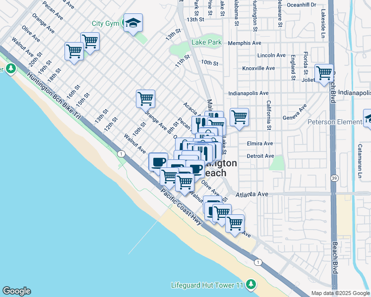 map of restaurants, bars, coffee shops, grocery stores, and more near 327 6th Street in Huntington Beach