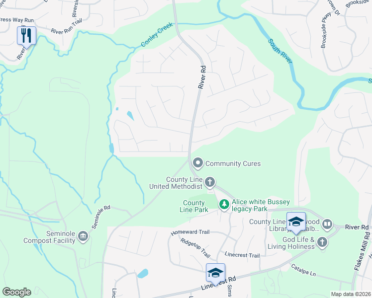 map of restaurants, bars, coffee shops, grocery stores, and more near 3508 Mortons Landing Drive in Ellenwood