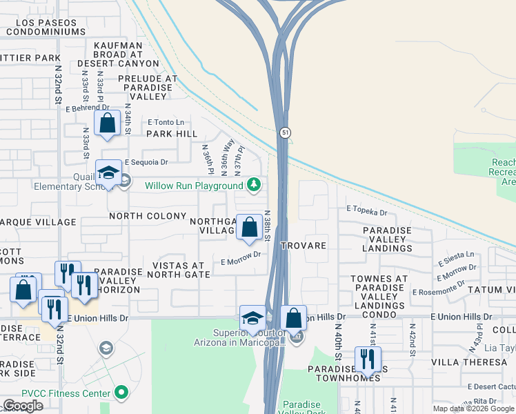 map of restaurants, bars, coffee shops, grocery stores, and more near 3727 East Kristal Way in Phoenix