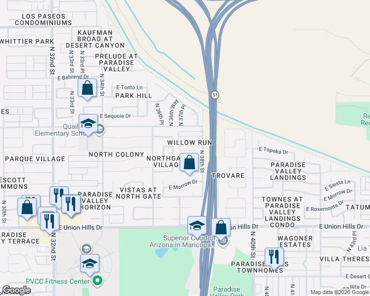 map of restaurants, bars, coffee shops, grocery stores, and more near 3727 East Kristal Way in Phoenix
