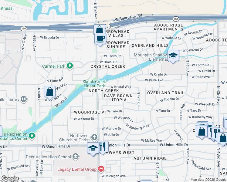 map of restaurants, bars, coffee shops, grocery stores, and more near 5002 West Kristal Way in Glendale