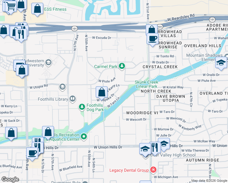map of restaurants, bars, coffee shops, grocery stores, and more near 5351 West Kerry Lane in Glendale