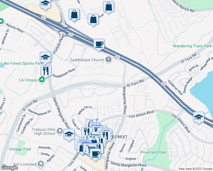 map of restaurants, bars, coffee shops, grocery stores, and more near 20851 El Toro Road in Lake Forest