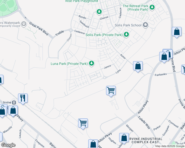 map of restaurants, bars, coffee shops, grocery stores, and more near Z Street in Irvine