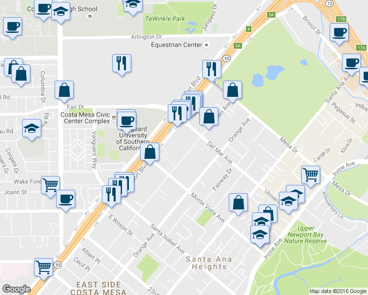 map of restaurants, bars, coffee shops, grocery stores, and more near 2570 Newport Boulevard in Costa Mesa