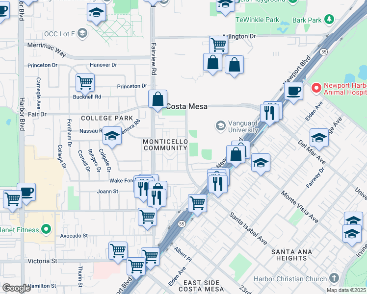 map of restaurants, bars, coffee shops, grocery stores, and more near 105 Georgetown Lane in Costa Mesa