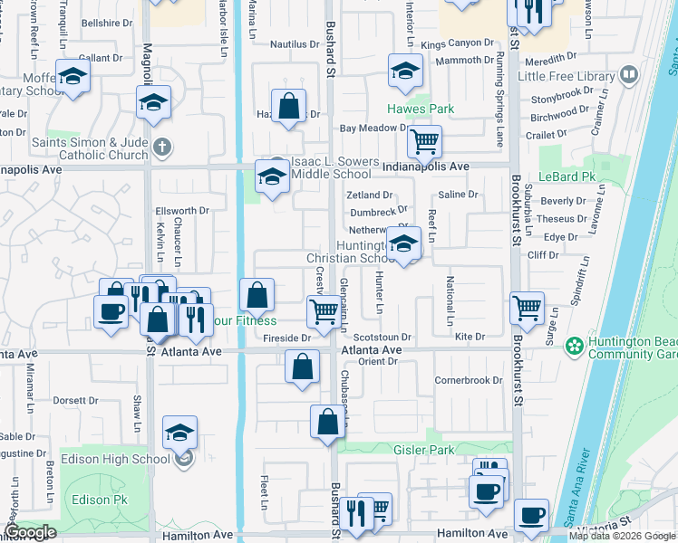 map of restaurants, bars, coffee shops, grocery stores, and more near 9542 Erskine Drive in Huntington Beach
