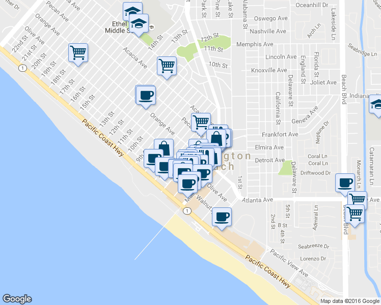 map of restaurants, bars, coffee shops, grocery stores, and more near 327 7th Street in Huntington Beach