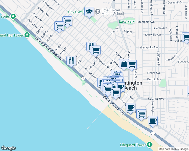 map of restaurants, bars, coffee shops, grocery stores, and more near 211 9th Street in Huntington Beach