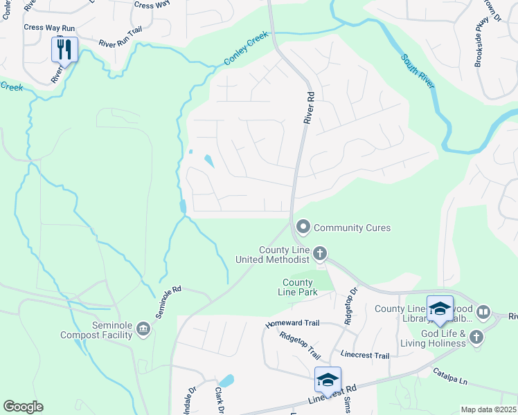 map of restaurants, bars, coffee shops, grocery stores, and more near 4060 Rockmill Cove in Ellenwood