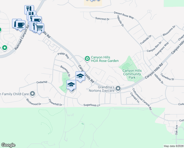 map of restaurants, bars, coffee shops, grocery stores, and more near 33494 Cedar Creek Lane in Lake Elsinore