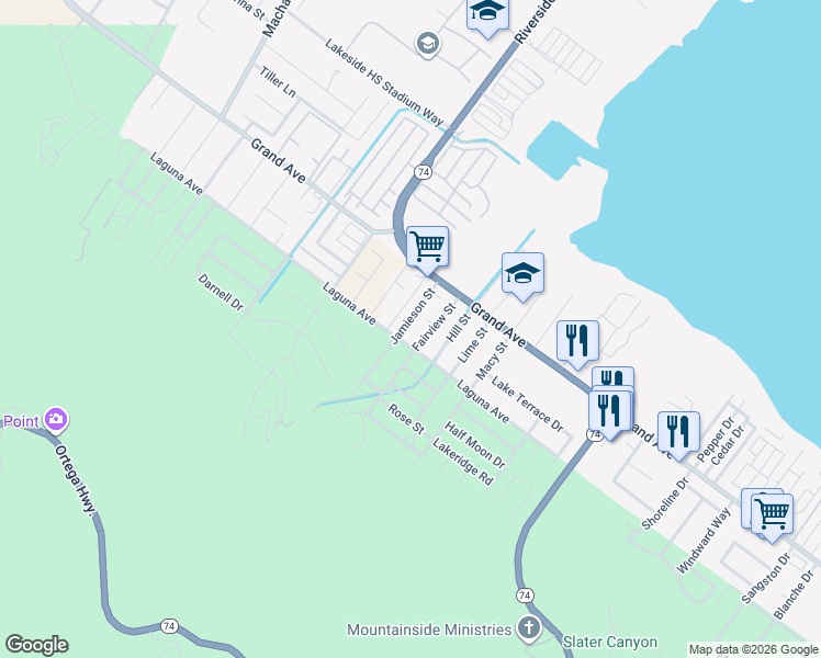 map of restaurants, bars, coffee shops, grocery stores, and more near 33110 Jamieson Street in Lake Elsinore