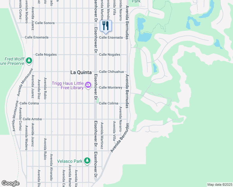 map of restaurants, bars, coffee shops, grocery stores, and more near 53265 Avenue Villa in La Quinta