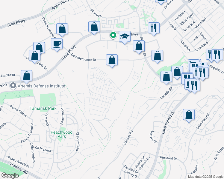 map of restaurants, bars, coffee shops, grocery stores, and more near 397 Trevinca in Lake Forest
