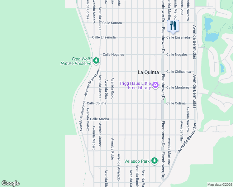 map of restaurants, bars, coffee shops, grocery stores, and more near 53345 Avenue Alvarado in La Quinta