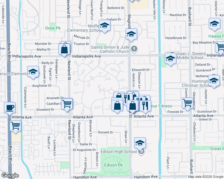 map of restaurants, bars, coffee shops, grocery stores, and more near 8877 Tulare Drive in Huntington Beach