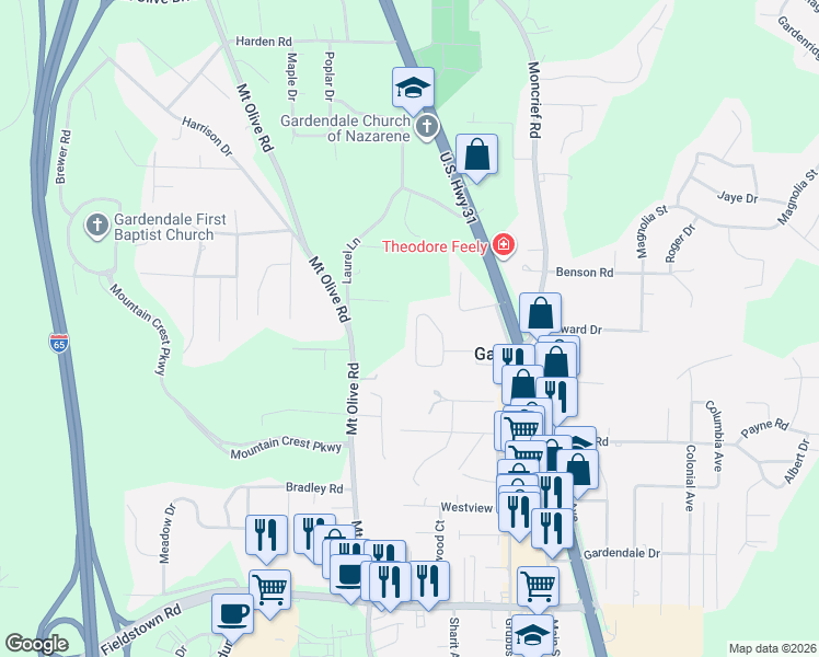 map of restaurants, bars, coffee shops, grocery stores, and more near 345 Donna Drive in Gardendale
