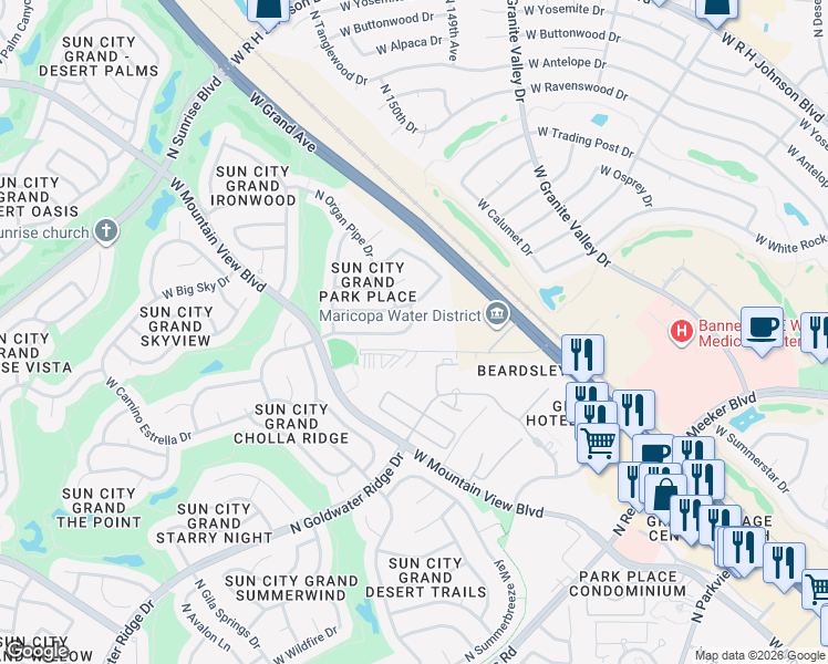 map of restaurants, bars, coffee shops, grocery stores, and more near 15027 West Home Run Drive in Surprise