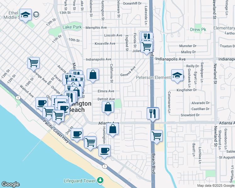 map of restaurants, bars, coffee shops, grocery stores, and more near 413 Delaware Street in Huntington Beach