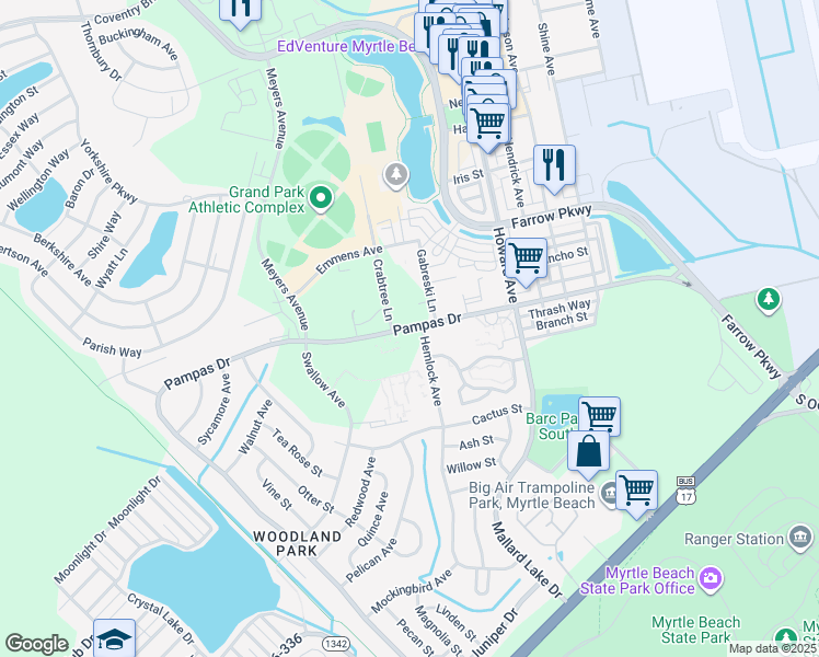 map of restaurants, bars, coffee shops, grocery stores, and more near 3500 Pampas Drive in Myrtle Beach