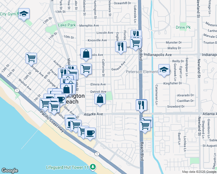 map of restaurants, bars, coffee shops, grocery stores, and more near 413 Delaware Street in Huntington Beach