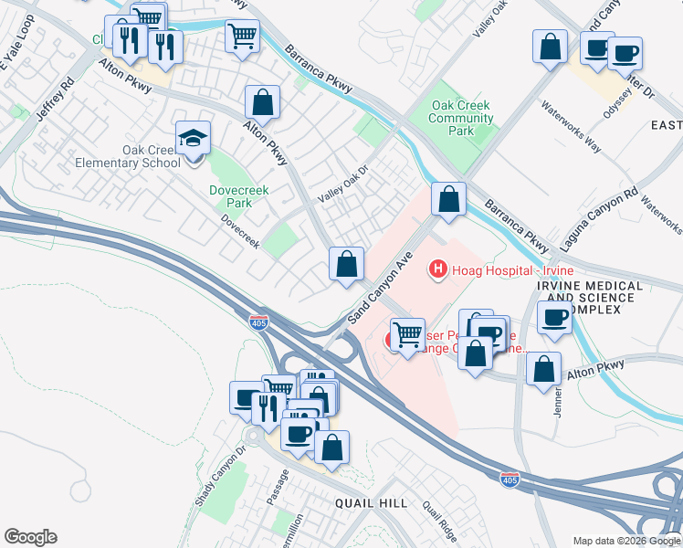 map of restaurants, bars, coffee shops, grocery stores, and more near 73 Ivywood in Irvine