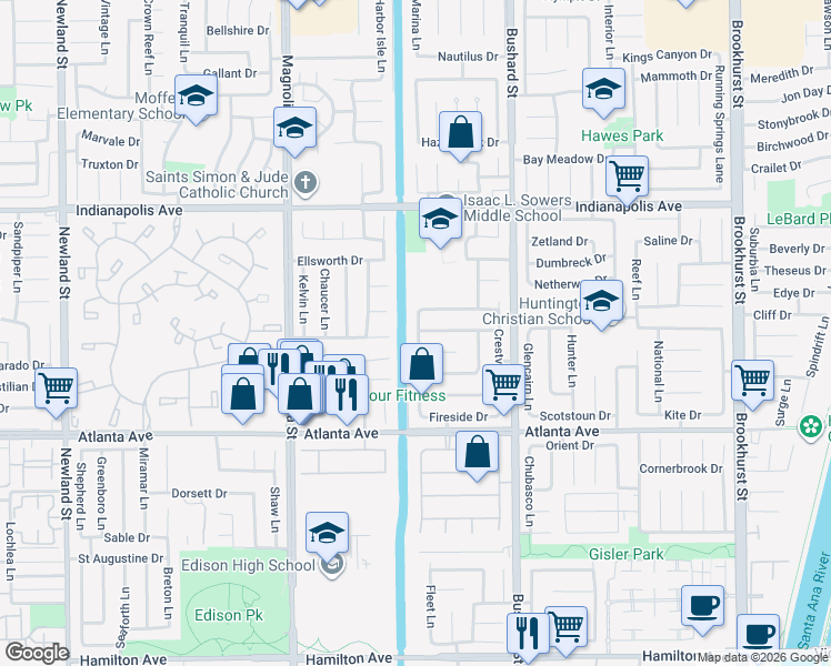 map of restaurants, bars, coffee shops, grocery stores, and more near 20761 Charwood Lane in Huntington Beach