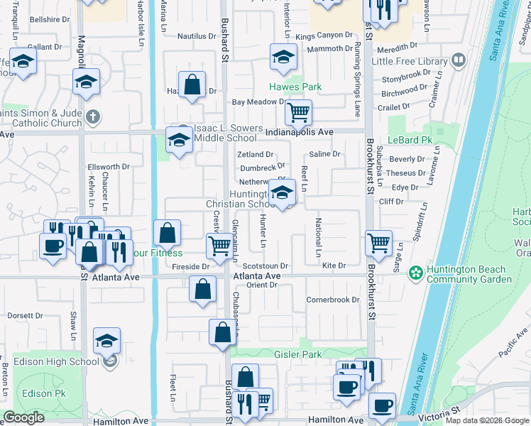 map of restaurants, bars, coffee shops, grocery stores, and more near 20772 Hunter Lane in Huntington Beach