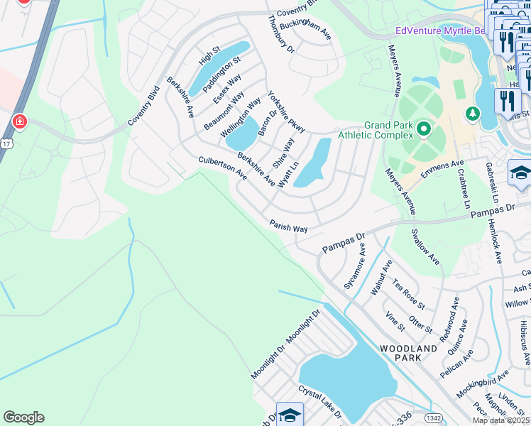 map of restaurants, bars, coffee shops, grocery stores, and more near 1472 Parish Way in Myrtle Beach