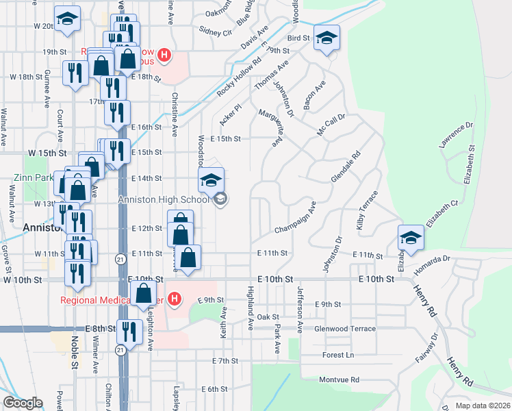 map of restaurants, bars, coffee shops, grocery stores, and more near 1235 Crescent Avenue in Anniston