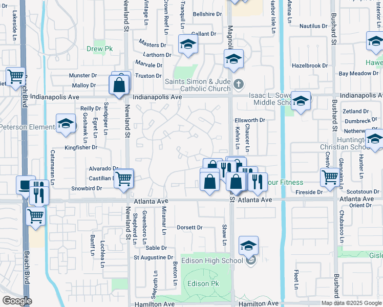map of restaurants, bars, coffee shops, grocery stores, and more near 8877 Tulare Drive in Huntington Beach