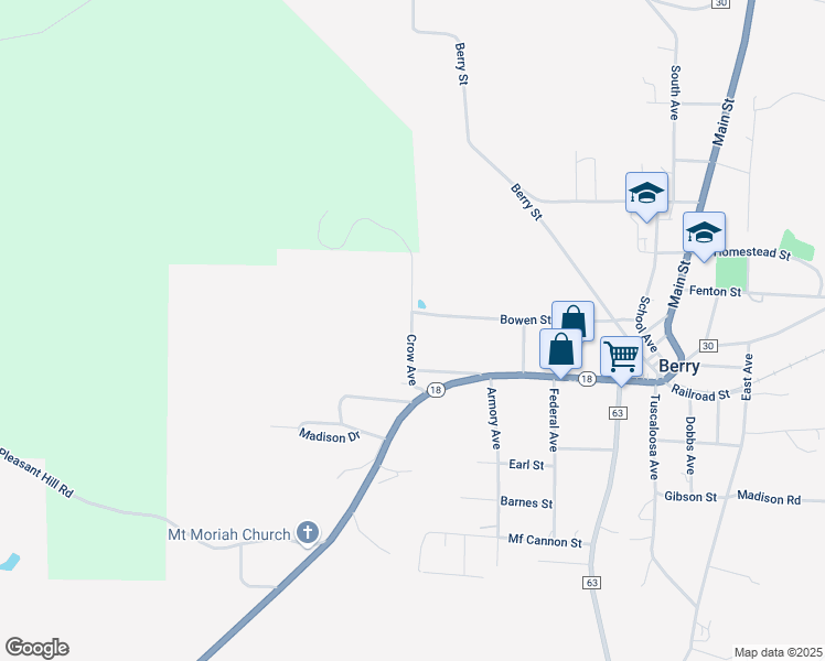 map of restaurants, bars, coffee shops, grocery stores, and more near Crow Avenue in Berry
