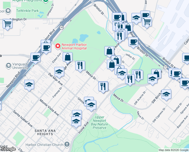 map of restaurants, bars, coffee shops, grocery stores, and more near 20432 Santa Ana Avenue in Newport Beach