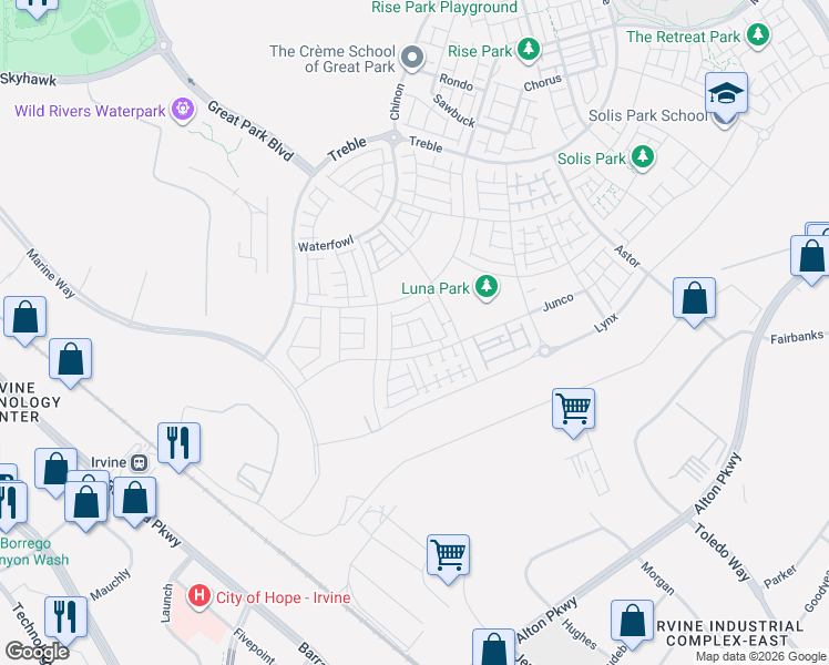 map of restaurants, bars, coffee shops, grocery stores, and more near Z St in Irvine