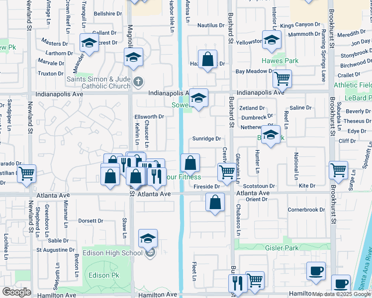 map of restaurants, bars, coffee shops, grocery stores, and more near 20761 Charwood Lane in Huntington Beach