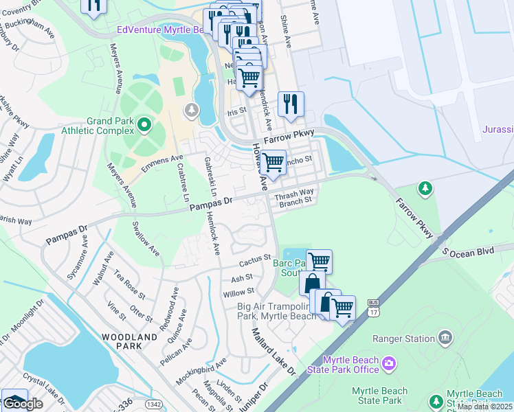map of restaurants, bars, coffee shops, grocery stores, and more near 3500 Pampas Drive in Myrtle Beach