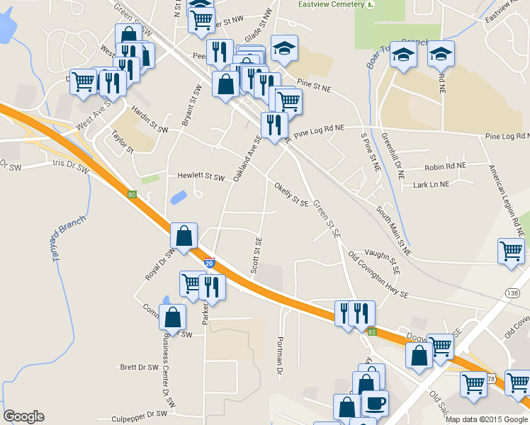 map of restaurants, bars, coffee shops, grocery stores, and more near 910 Oak Ln SE in Conyers