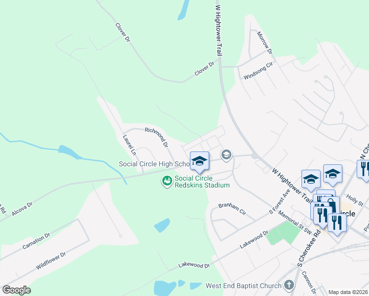 map of restaurants, bars, coffee shops, grocery stores, and more near 340 New Alcovy Road in Social Circle
