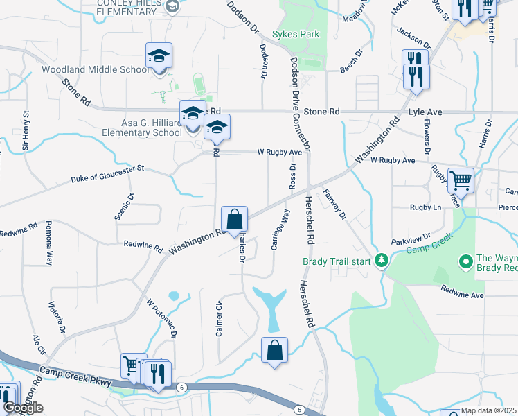 map of restaurants, bars, coffee shops, grocery stores, and more near 3491 Washington Road in East Point