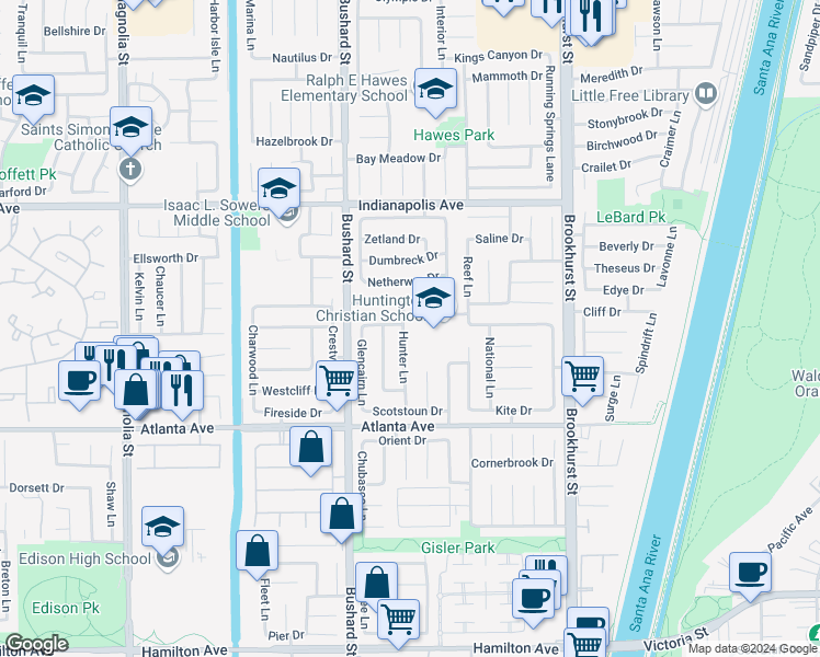 map of restaurants, bars, coffee shops, grocery stores, and more near 20772 Hunter Lane in Huntington Beach