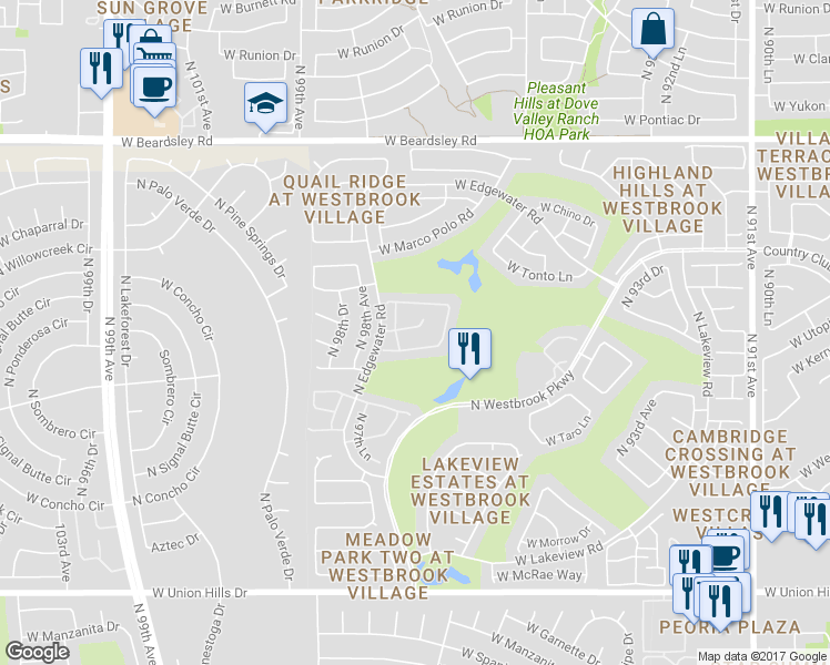 map of restaurants, bars, coffee shops, grocery stores, and more near 9701 West Oraibi Drive in Peoria