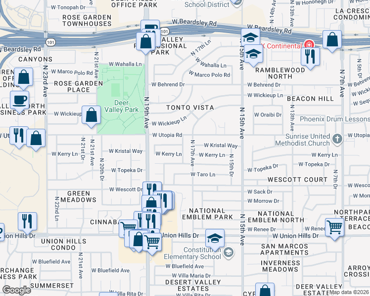 map of restaurants, bars, coffee shops, grocery stores, and more near 19231 North 17th Drive in Phoenix