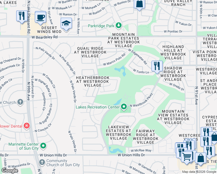map of restaurants, bars, coffee shops, grocery stores, and more near 9701 West Oraibi Drive in Peoria
