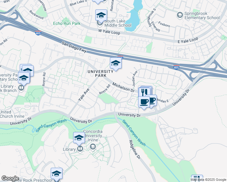 map of restaurants, bars, coffee shops, grocery stores, and more near 17542 Cottonwood in Irvine