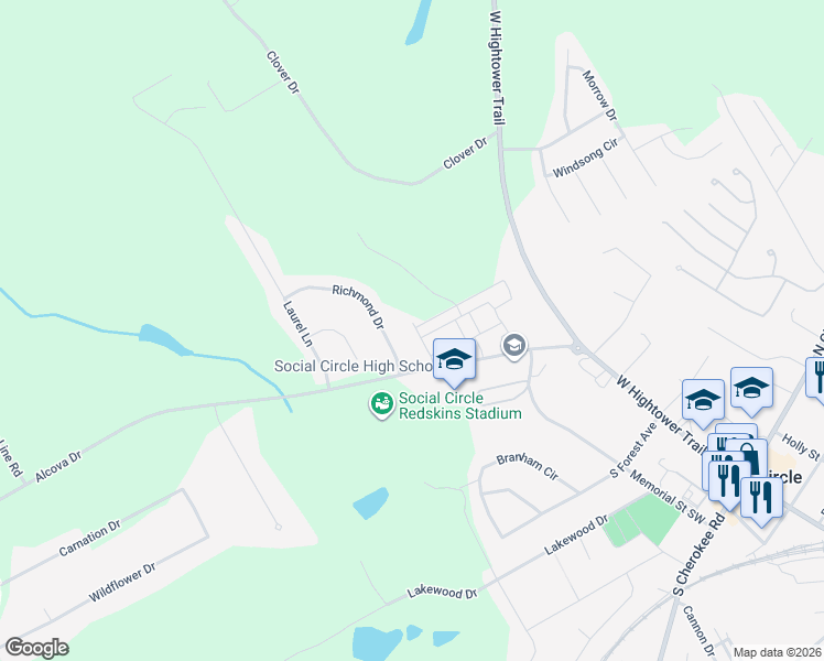 map of restaurants, bars, coffee shops, grocery stores, and more near 340 New Alcovy Road in Social Circle