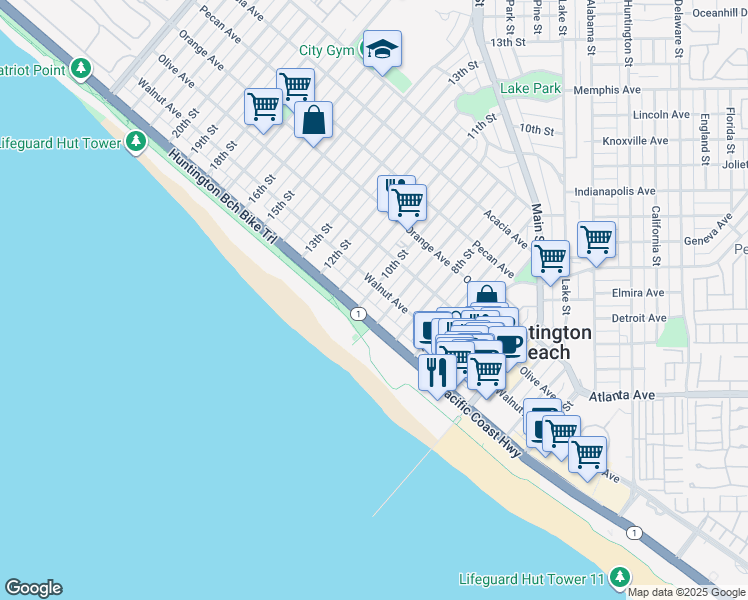map of restaurants, bars, coffee shops, grocery stores, and more near 115 10th Street in Huntington Beach