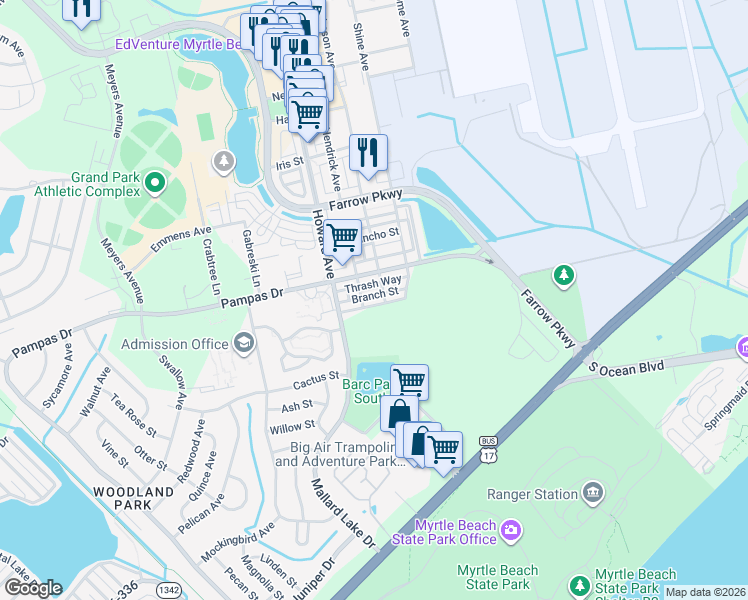 map of restaurants, bars, coffee shops, grocery stores, and more near 3425 Thrash Way in Myrtle Beach