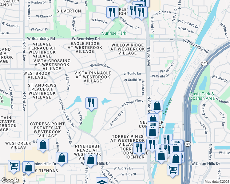 map of restaurants, bars, coffee shops, grocery stores, and more near 8503 West Oraibi Drive in Peoria