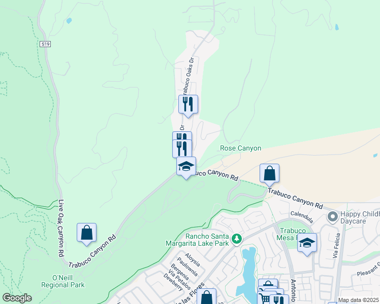 map of restaurants, bars, coffee shops, grocery stores, and more near 20721 Mountain View Road in Trabuco Canyon