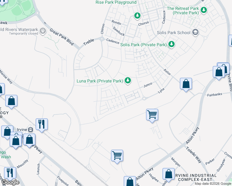 map of restaurants, bars, coffee shops, grocery stores, and more near Z Street in Irvine